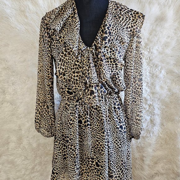 Top Shop Women's Brown Leopard Print Chiffon Raffle V-Neck Dress Size 6 - Picture 1 of 9